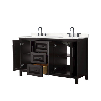 Meuble-lavabo double 60 po Daria en espresso foncé, comptoir en marbre de culture de Carrare, lavabos carrés encastrés (3 trous), garniture noir mat