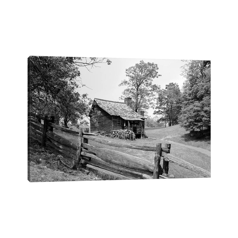 Rustic Log Cabin Form 1880s Behind Post And Rail Fence In Blue Ridge Mountains - Wrapped Canvas Print