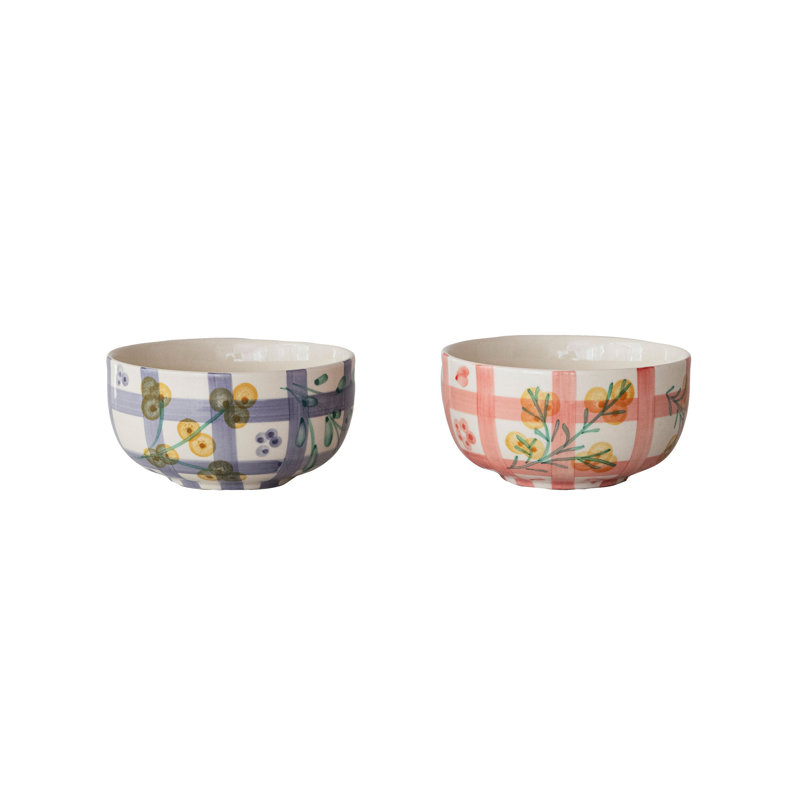 Ensemble de bols en grès peint à la main avec motif quadrillé et motif botanique