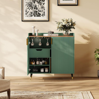Wine Bar Cabinet with Fluted Doors, Modern Small Buffet Sideboard & Coffee Bar Liquor Storage Cabinet with Wine Rack and Glass Holders for Dining Room by 17 Stories