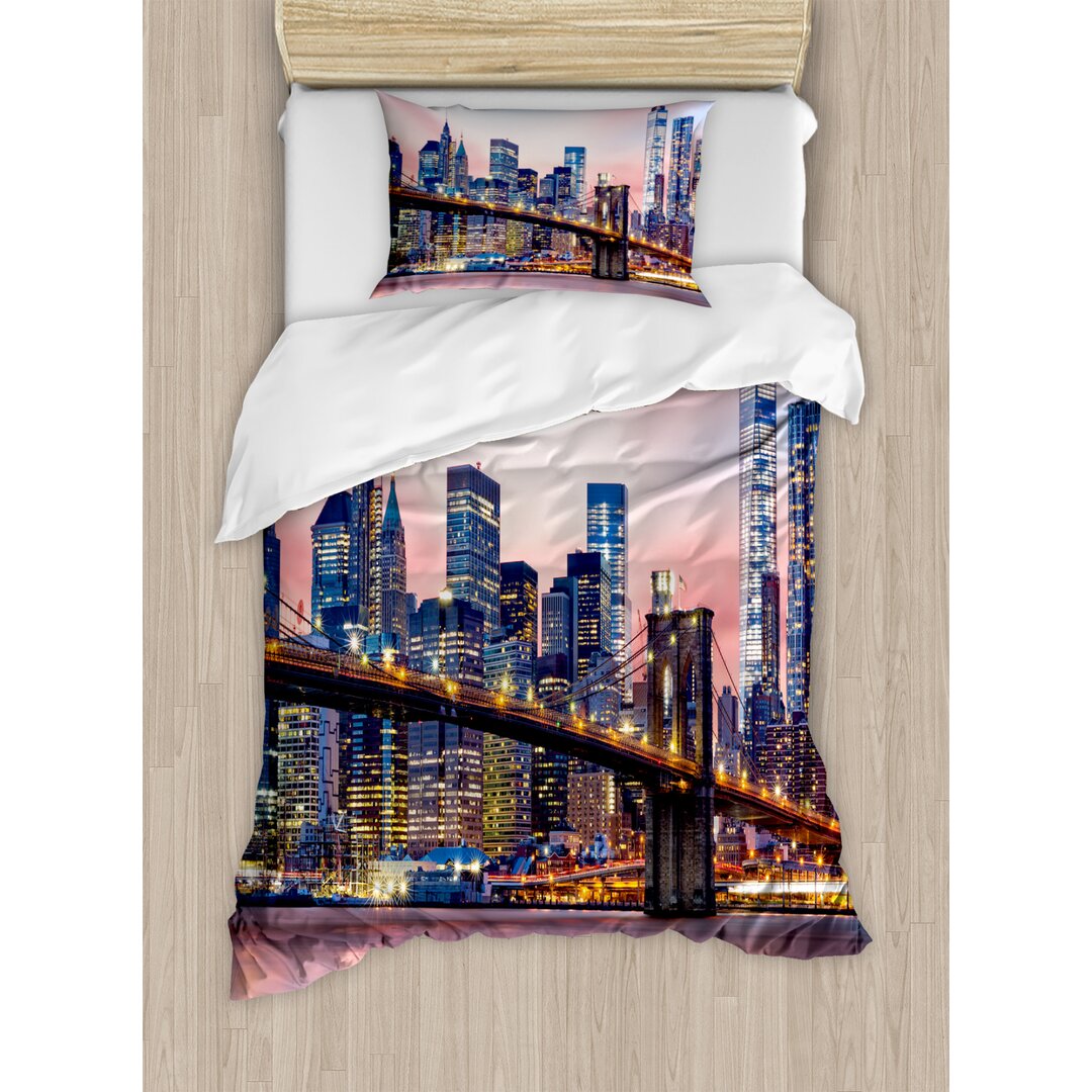 Bettbezug Set, Sonnenaufgang in Brooklyn Bridge, Stadt, Blau