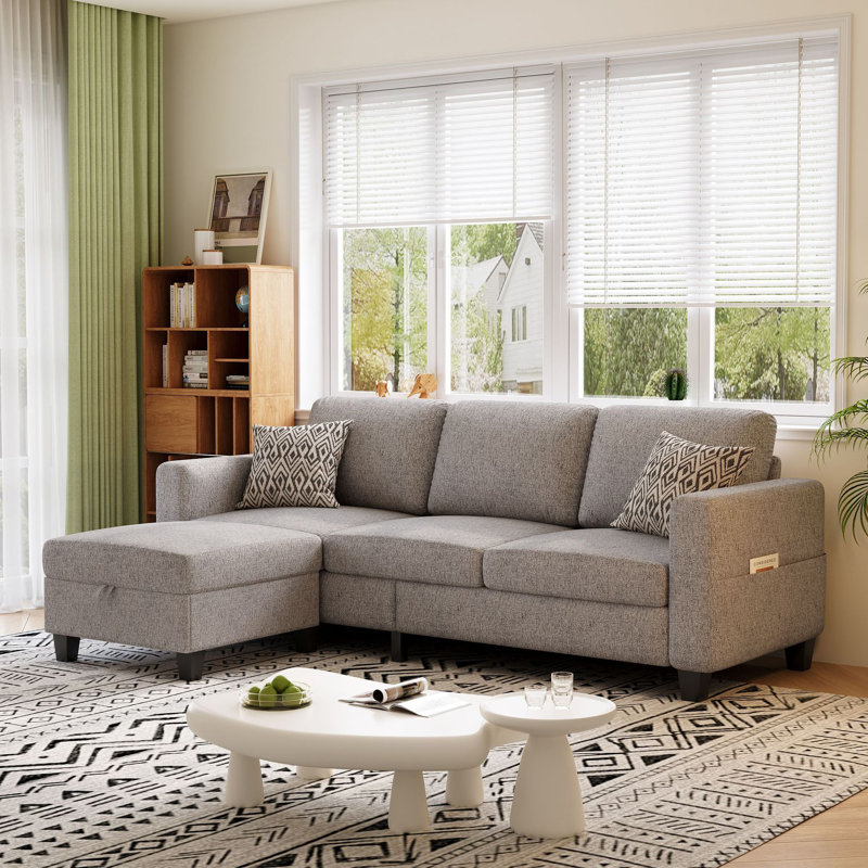 78'' Upholstered Sofa Couch With Movable Ottoman, Brown