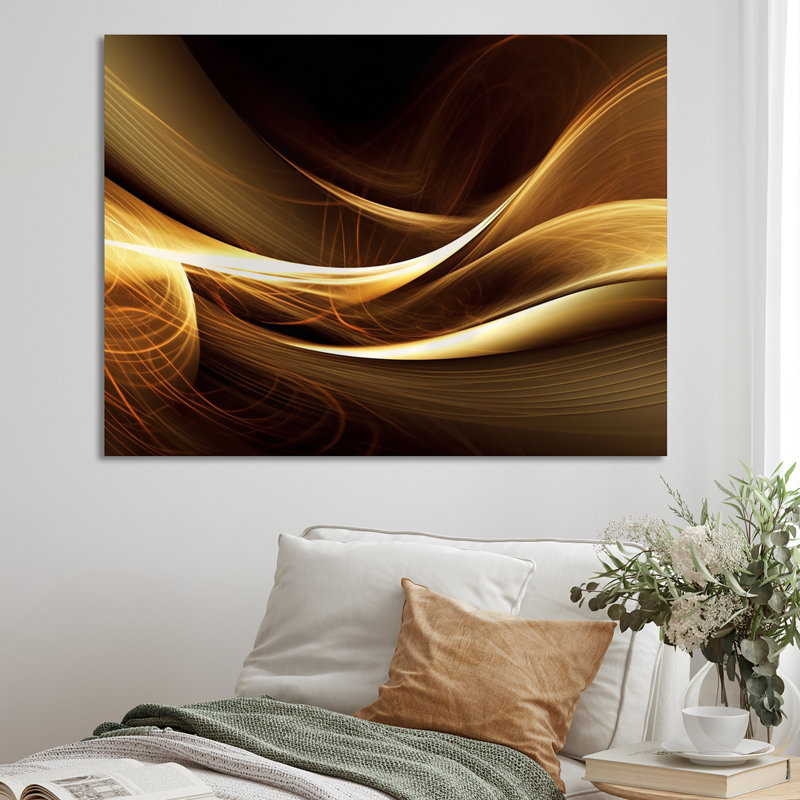 Canapé doré élégant moderne I - art moderne abstrait encadré par vagues, H 24 po x l 32 po x P 1 po, Toile tendue