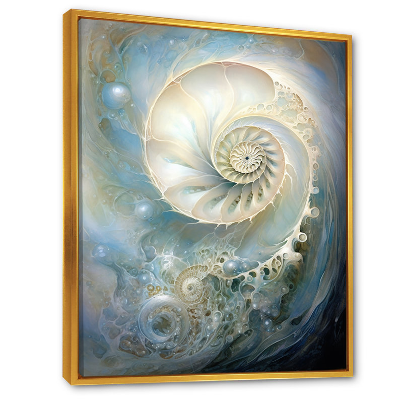 Nautilus perle bleue et blanche sur toile, Cadre flottant doré, H 20 po x l 12 po x P 1 po