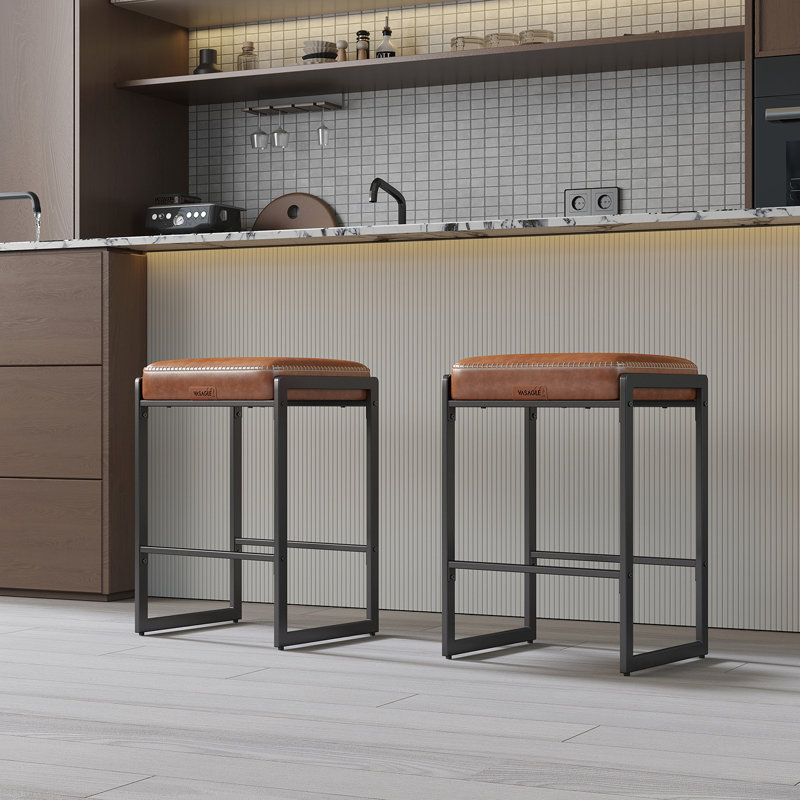 Bar Stools Set of 2, Counter Height Bar Stools, Synthetic Leather with Stitching, Orange