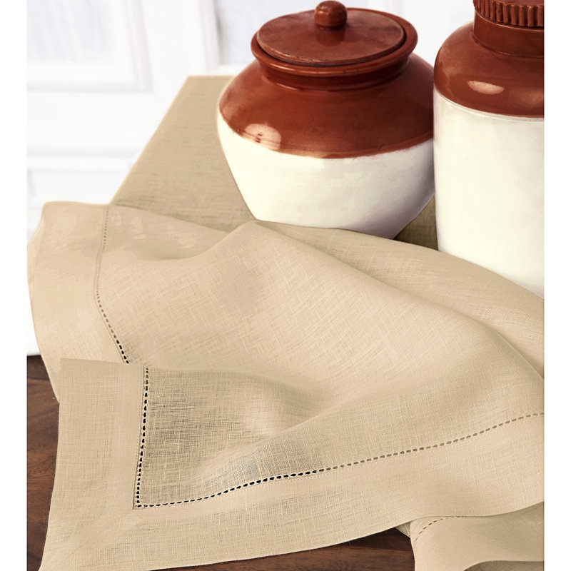 100% Pure Linen Hemstitch Table Throw - Classic Hemstitch, Beige