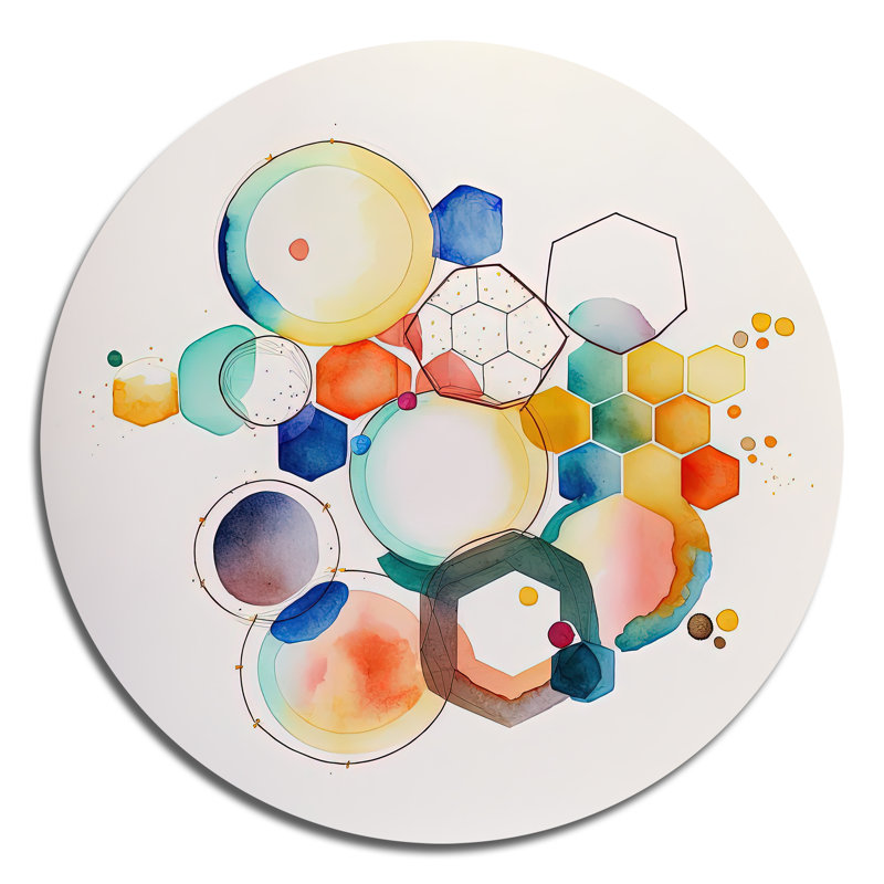 Art mural rond abstrait multicolore circulaire IV - abstrait géométrique sur métal, L 29 po x H 29 po