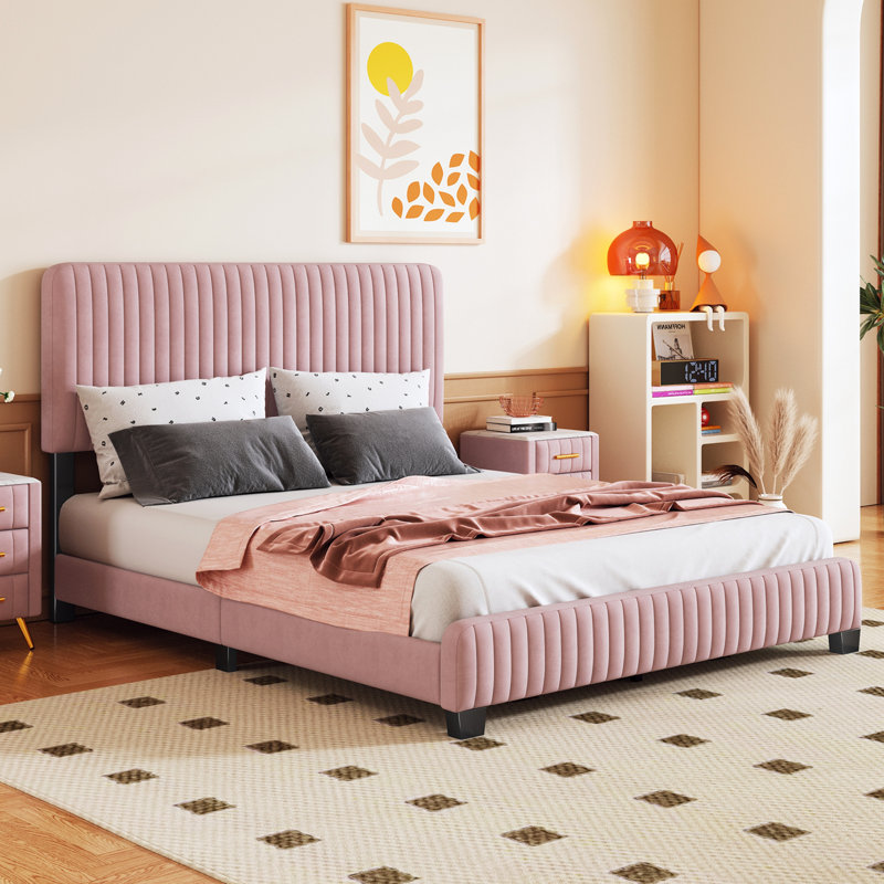 Warthman Upholstered Platform Bed, Queen, Pink