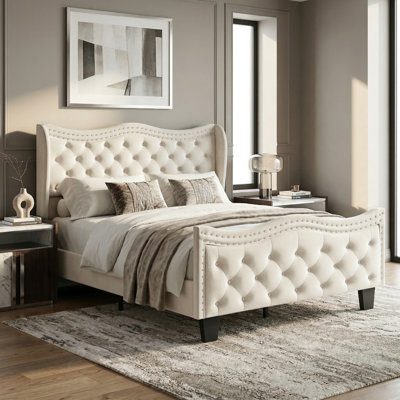 Elegant Tufted Upholstered Platform Bed with Wingback Headboard