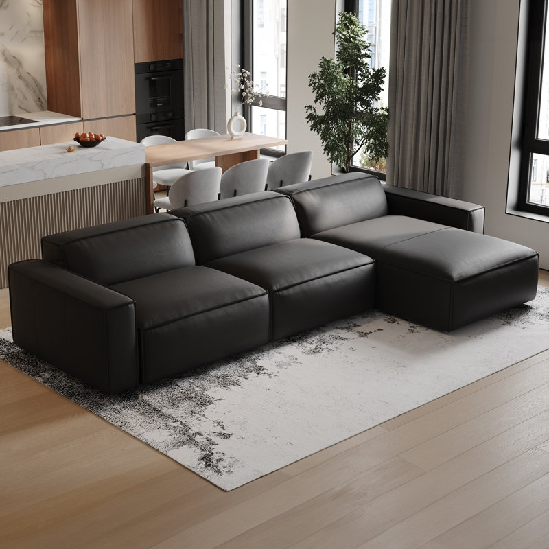 Canapé modulaire en cuir Hamall Nathan, Cuir véritable noir, Orienté à droite