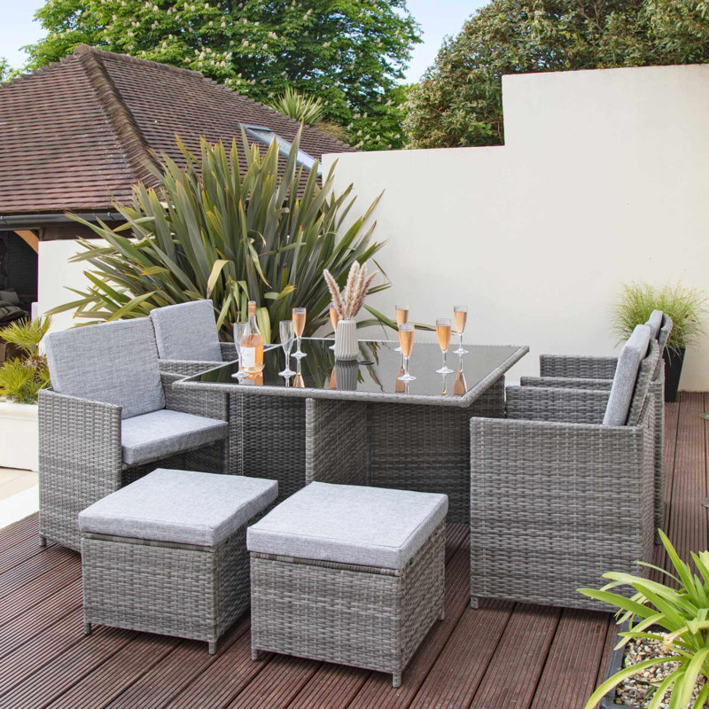 Quilla All Weather Wicker/Rattan 8 - Person with Cushions, Grey with Grey Parasol, Yes