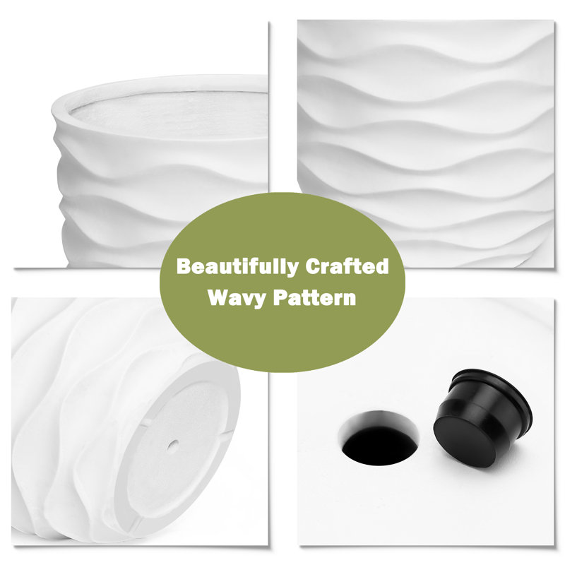 Handmade Horizontal Waves MgO Round Pot Planters, White, 11.6" H x 13.4" W x 13.4" D