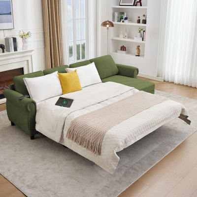 106.5" Pull Out Sofa Bed,L Shaped Modular 4 Seater Couch,2-In-1 Sofa Bed,Wireless Charging , USB Charging Ports,Memory Foam Mattress,Storage Space, Flannelette