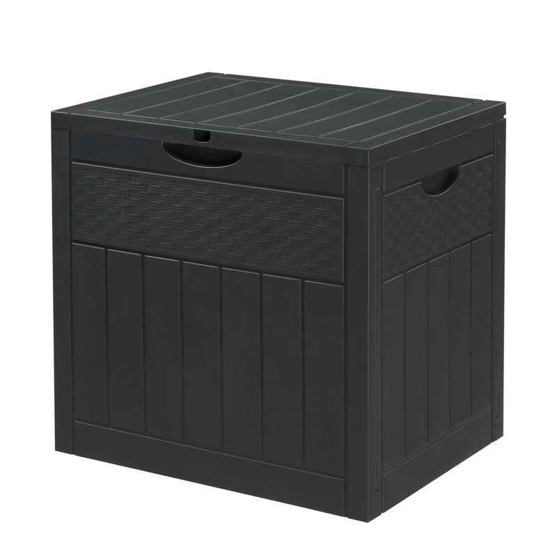 Gray 33 Gallon Square Deck Box,Plastic Storage Container with Wood Grain & Faux Rattan Texture,Weather Resistant Outdoor Garden Storage Box for Patio,Yard & Pool Accessories