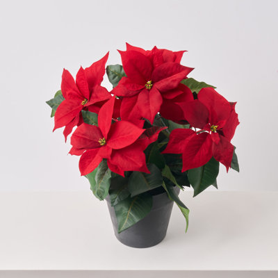 Lifelike Red Poinsettia Faux Potted Plant Christmas Urn Filler, Small