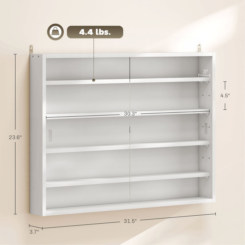 Vitrine murale, vitrine à 5 niveaux avec 2 portes en verre et tablettes réglables, Blanc