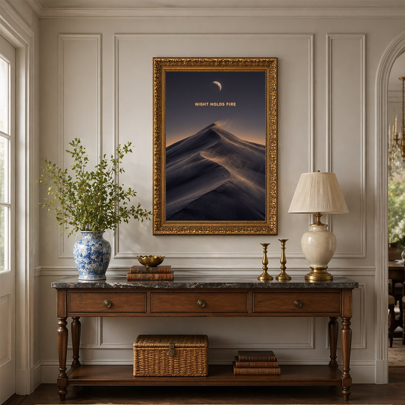 Toile de dunes de vent avec lune et ciel orange chaleureux, art mural, 24"H x 16"W