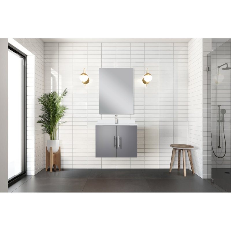 Meuble-lavabo simple gris foncé l 24 po x P 22 po, comptoir en quartz blanc et miroir 18 po