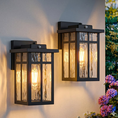 Matte Black Dusk To Dawn Outdoor Hardwired Wall Lantern Sconces With Water Glass