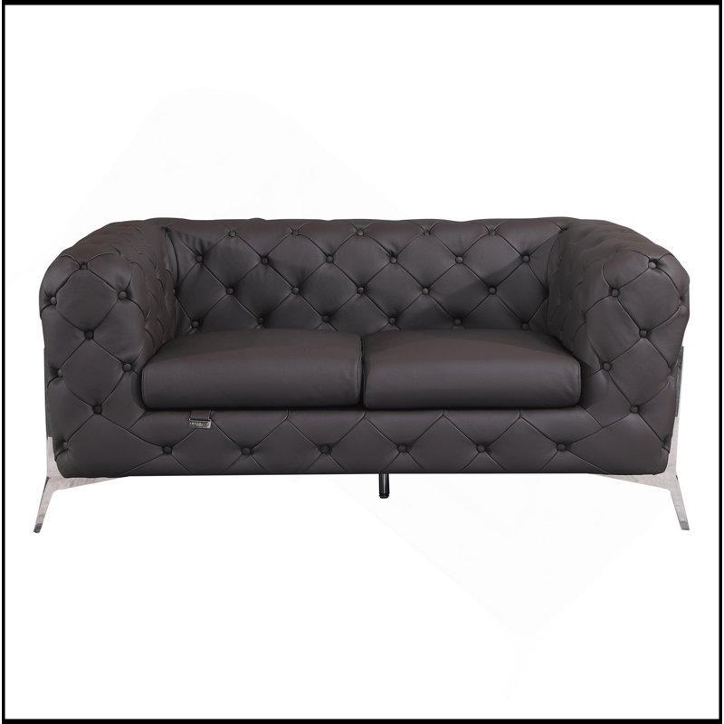 Causeuse rembourrée en cuir 100% italien Global United, Brun, Argent argent