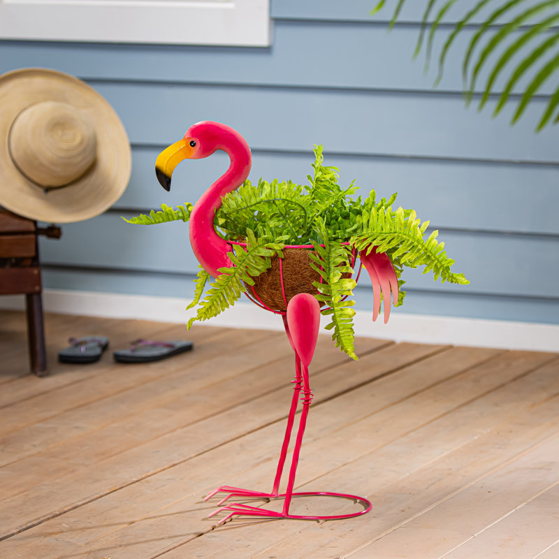 Metal Flamingo Planter Statue with Coco Insert, 25.7in