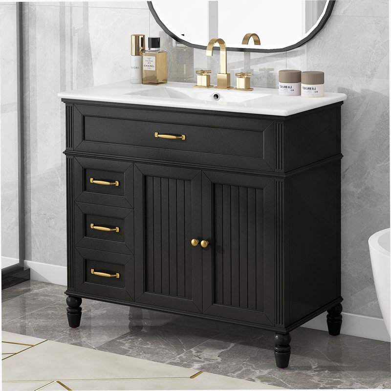 Meuble-lavabo 36 po avec lavabo, Noir, noir, noir, noir, Doré