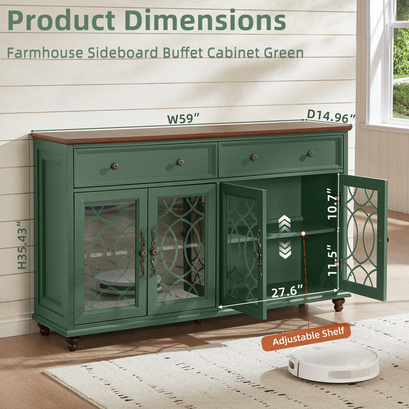 Farmhouse Sideboard Buffet Cabinet With Storage,59" Large Credenza With 4 Glass Doors & 2 Drawers,Adjustable Shelves Console Table,Wood Kitchen Coffee Bar For Dining Room,Living Room