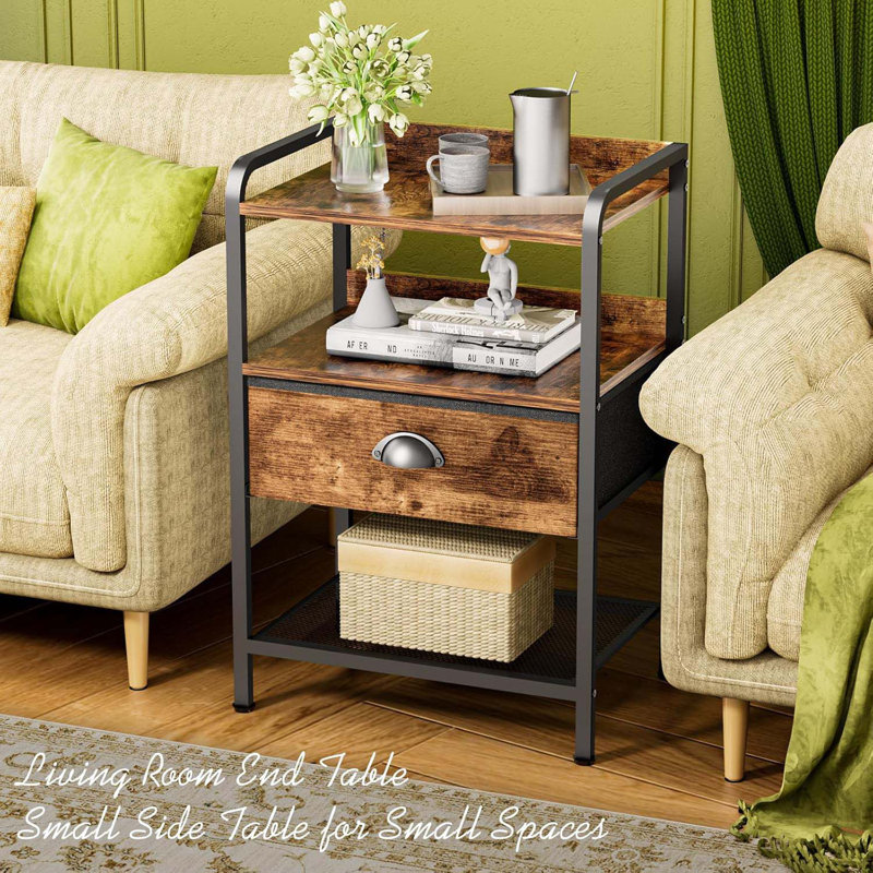 Nightstand Bedside Table With Drawer, Side Tables With Mesh Shelf, Bedroom Night Stand, End Tables With Raised Edges, Open Shelf, Metal Frame, Fabric Drawers Storage