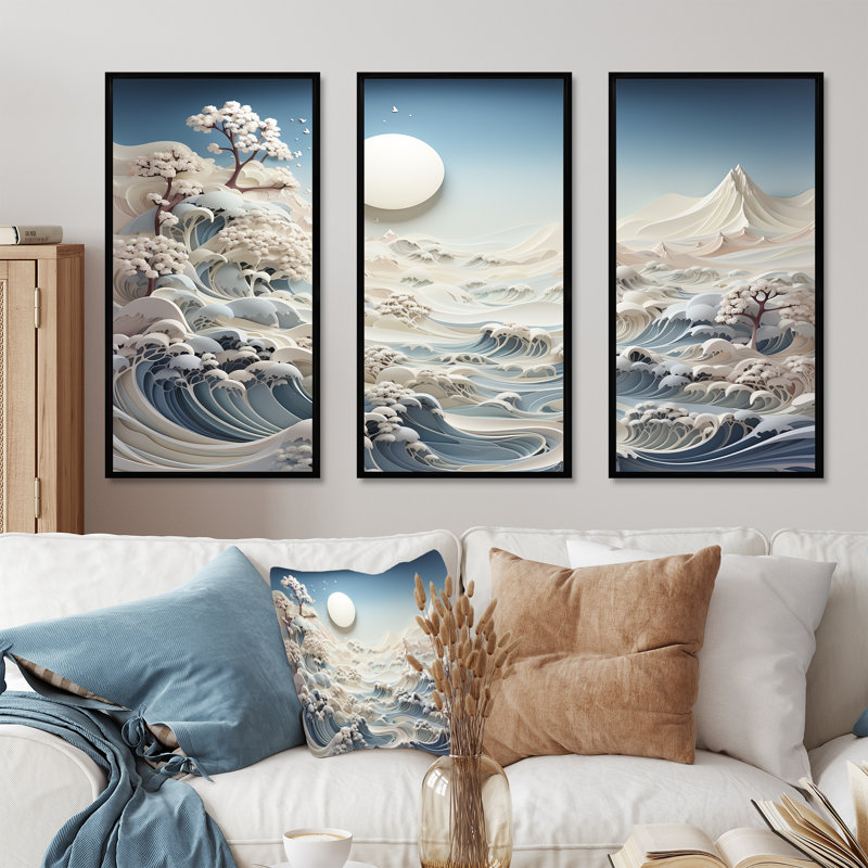 Abstrait Snowy Winter Mountains I - Paysage abstrait, art mural, Cadre flottant noir, H 40 po x l 61 po x P 1 po