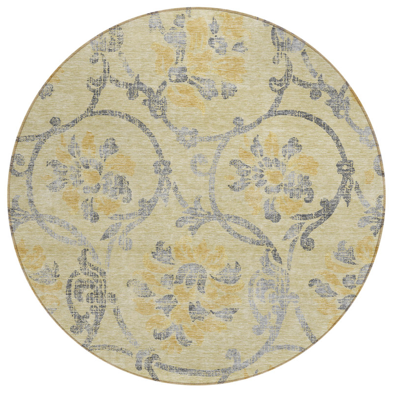 Slesh Washable Floral Indoor / Outdoor Rug, Round 8'