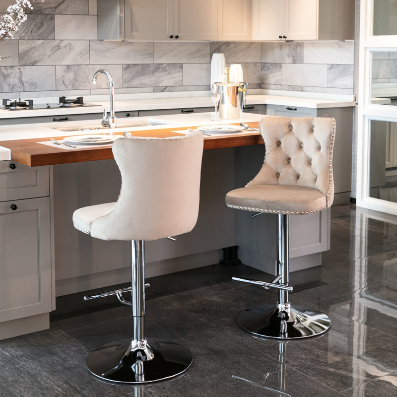 Velours avec base (de 2 kaki, hauteur de siège réglable, dossier confortable rembourré moderne pour îlot de cuisine de pub à la maison)