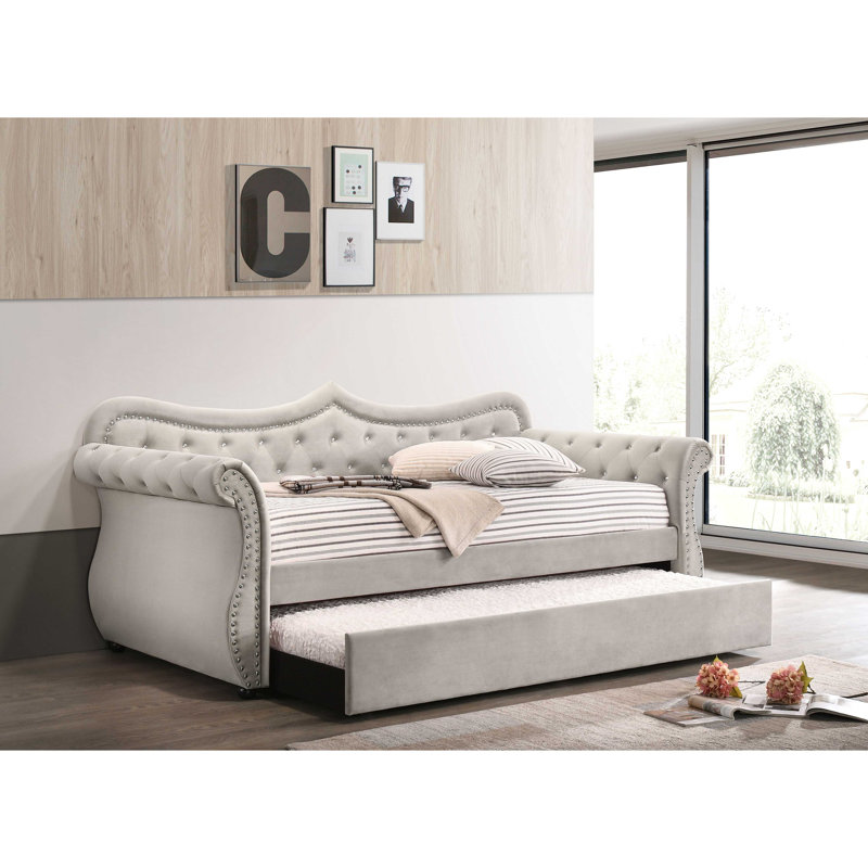 Adkins Linen Daybed With Trundle, Beige Linen