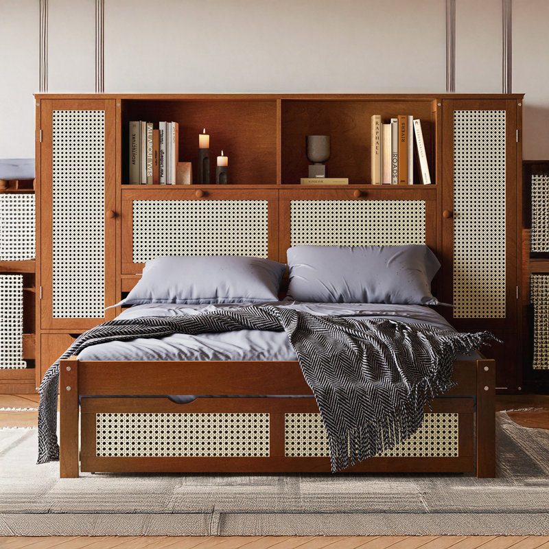 Walnut Twin Size Wooden Bed with Storage Lockers and Headboard Rack