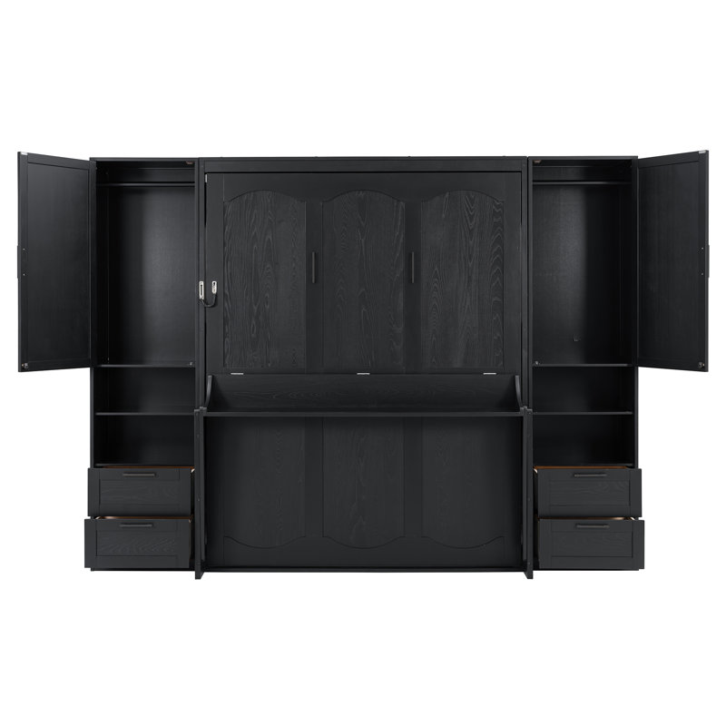 Grand lit escamotable mural avec placard, tiroirs et tablettes, placard en chêne, noir