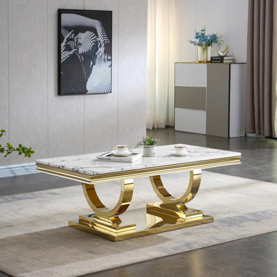46.85" Coffee Table with White Marble Top, Modern Rectangular Faux Marble Coffee Table with Stainless Steel Pedestal, Luxury Gold Cocktail Center Tabl by Mercer41