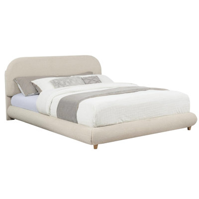 Queen-Size Low-Profile Contemporary Platform Bed In Cream, Soft Fleece Upholstery, Wood Frame, And Slat Kit, For Bedroom Use Cream Upholstered With Queen-Size, Includes Decor