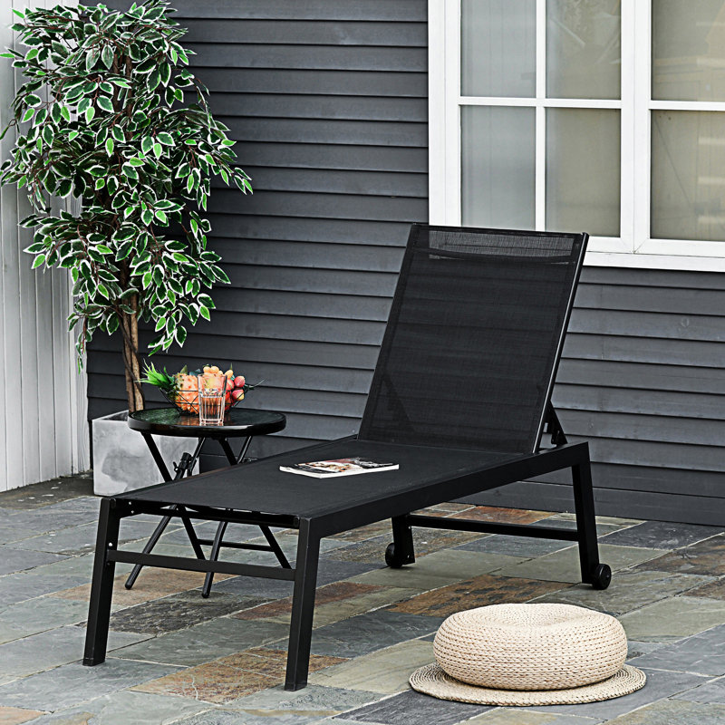 Outdoor Lounge Chair, Patio Lounger With 5-Position Reclining Backrest And 2 Wheels, Pool Lounge Chairs, Black