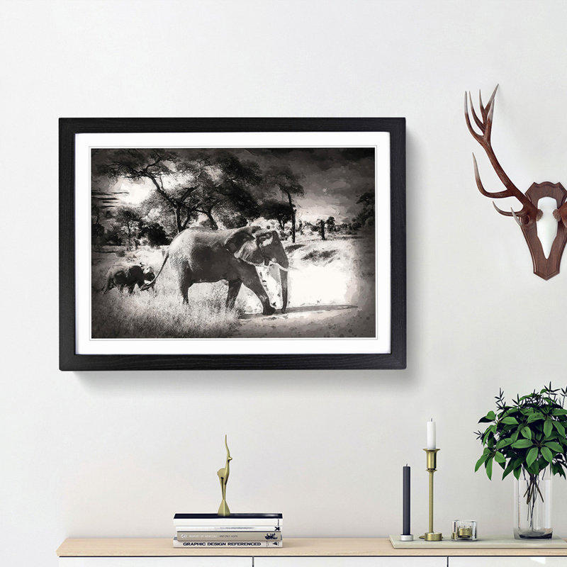 Mother and Baby Elephant Strolling in Abstract - Picture Frame Painting Print on MDF, Black Framed, 36cm H x 48cm W x 2cm D