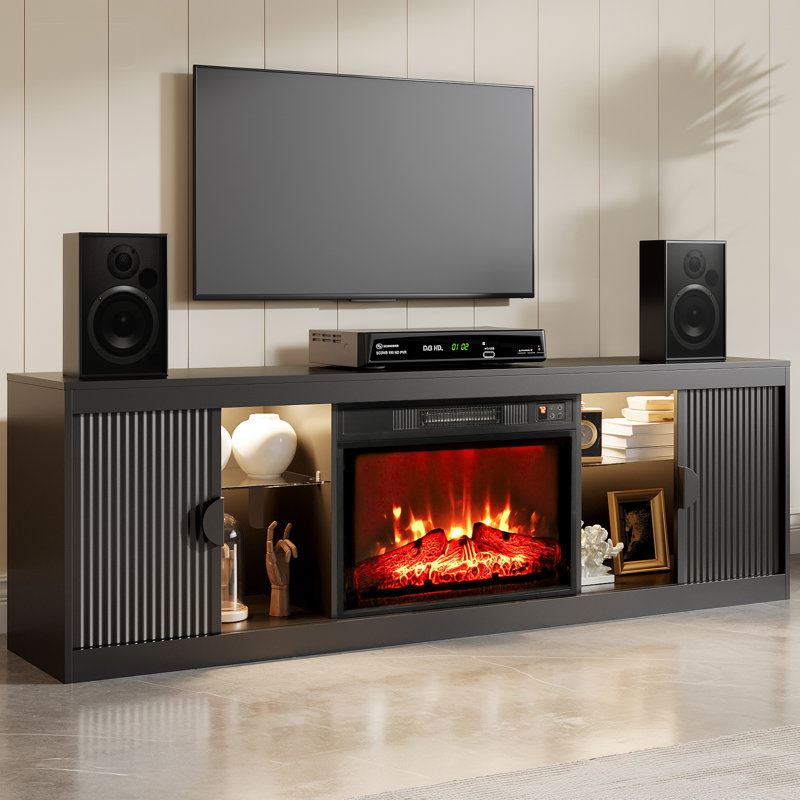 70" TV Stand For Tvs Up To 80" With Electric Fireplace, Modern Fluted Sliding Door Fireplace Cabinet with LED Light For Living Room, Bedroom, Entertainment Center, Black