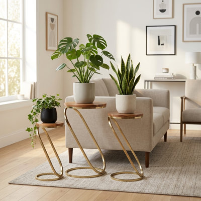 Modern Round Acacia Wood Planters with Metal Stands for Indoor or Outdoor Patio Accent - Decorative Flower Pots for  Home Decor - Set of 3, 21",19",17"
