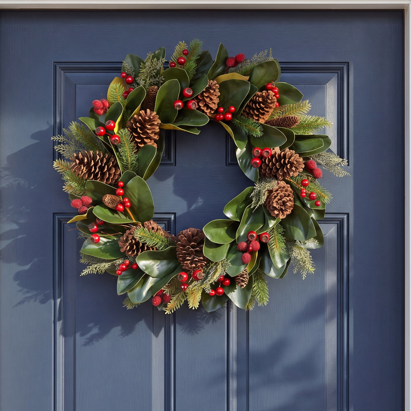 CHRISTMAS MAGNOLIA W BERRY CONE WREATH