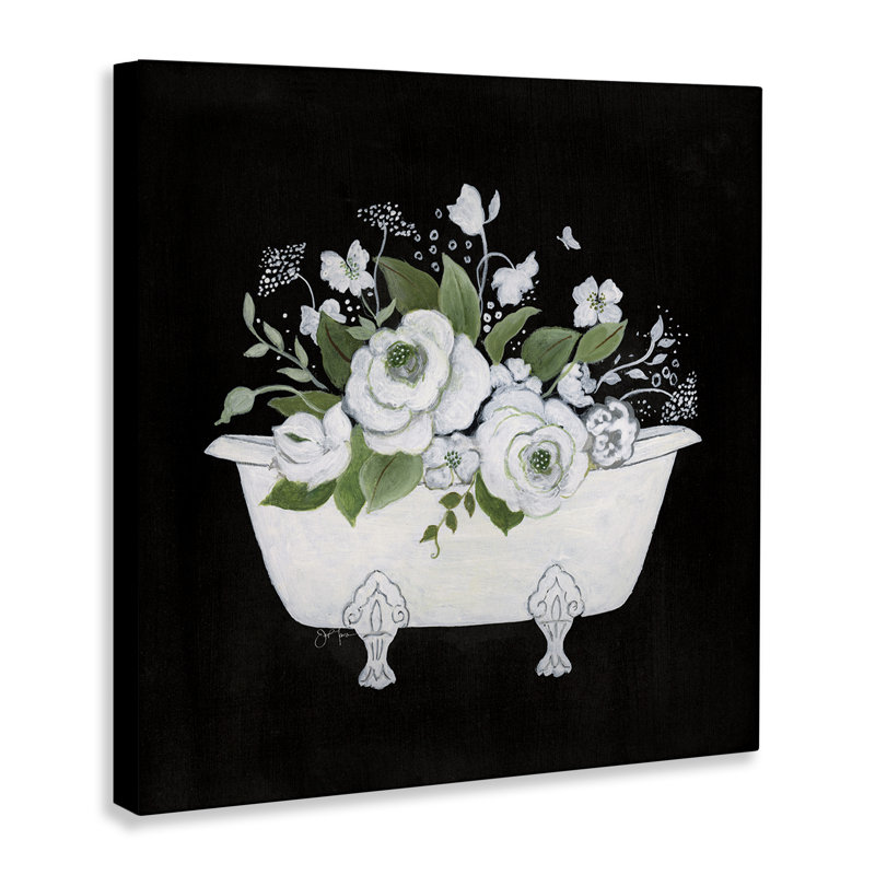 Art mural blanc et noir sur toile de bain par Janet Tava, H 30 po x l 30 po