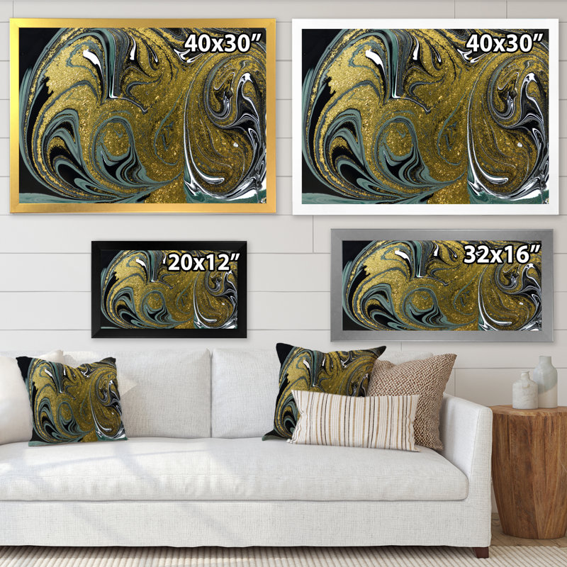 «Blue and Golden Marble Waves», peinture sur toile, H 34 po x l 44 po, Cadre doré à coins fermés