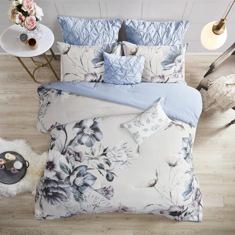 Édredon 8 pièces en coton bleu grand - style Shabby Chic avec détails floraux, comprend 1 édredon, 2 taies décoratives européennes, 3 coussins décoratifs, jupe de lit, articles de literie lavables à la machine