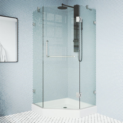 Cabine de douche à charnière sans cadre avec verre transparent 3/8 et base Piedmont l 40 po x P 40 po x H 79 po