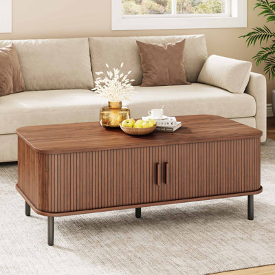 Mid Century Modern Coffee Table With Sliding Tambour Door, Fluted Accent Center Table With Storage