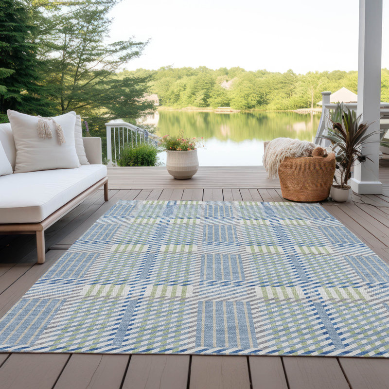 Machine Washable Denim Plaid Rectangular Synthetic Rug