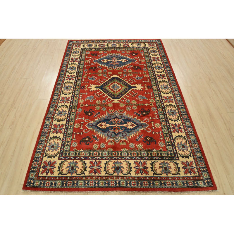 Tapis oriental rouge en laine noué à la main 6 pi 1 po x 8 pi 8 po Kazak