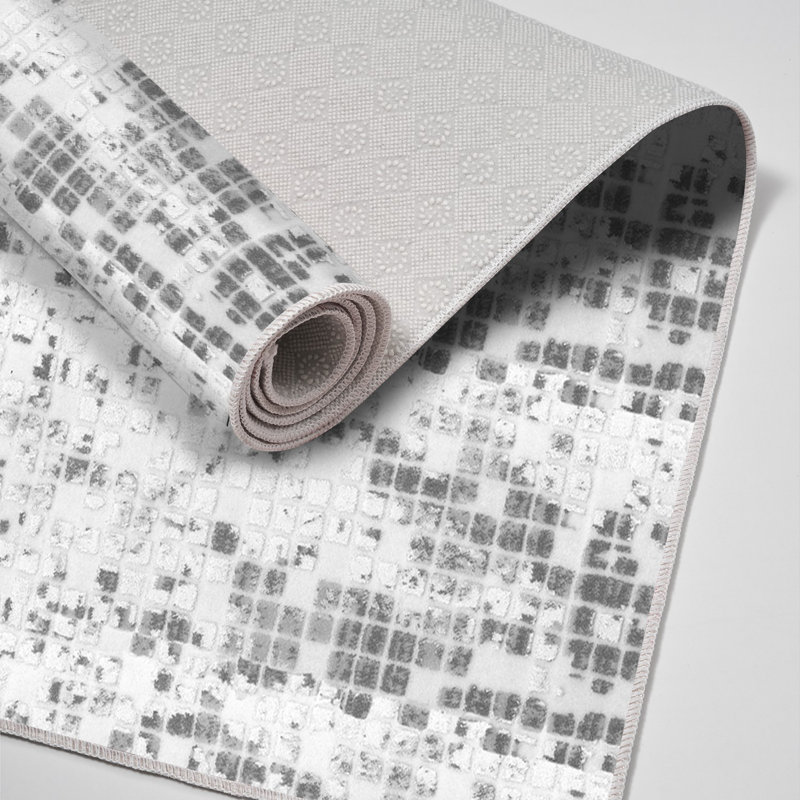 Tapis gris / blanc en polyamide tissé à la machine Elver, Tapis de couloir 2 pi 7 po x 9 pi 10 po