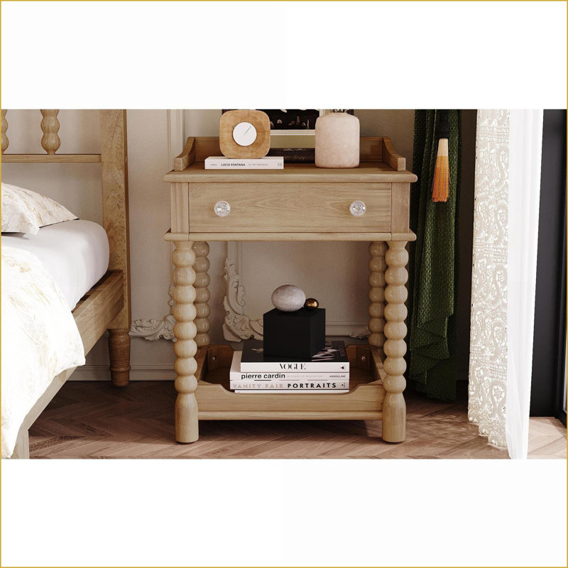 Table de chevet rétro avec tiroir et tablette ouverte - Naturel, Beige